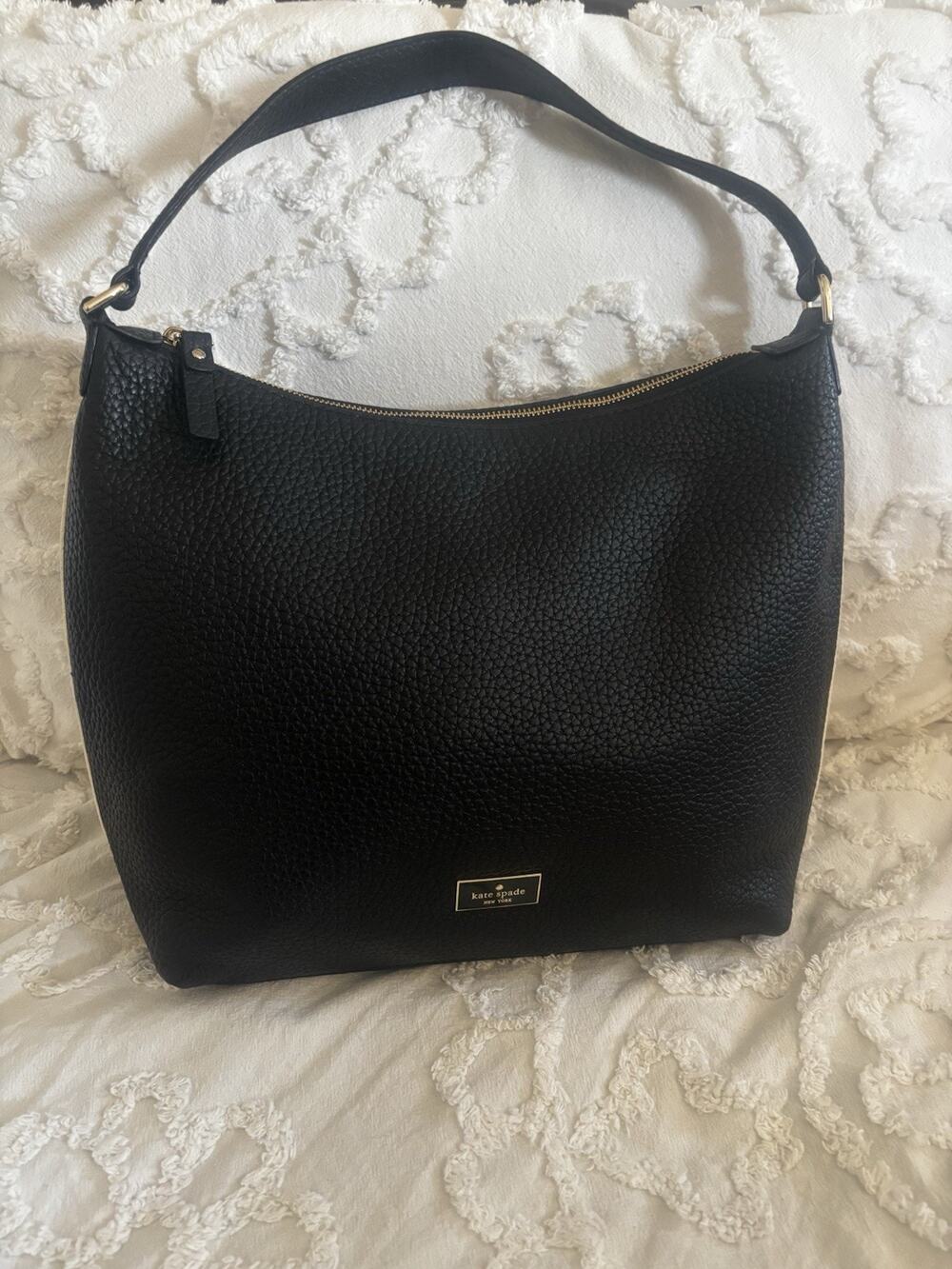 Kate Spade Black Pebbled Leather Hobo Style Shoulder Handbag With White Piping.